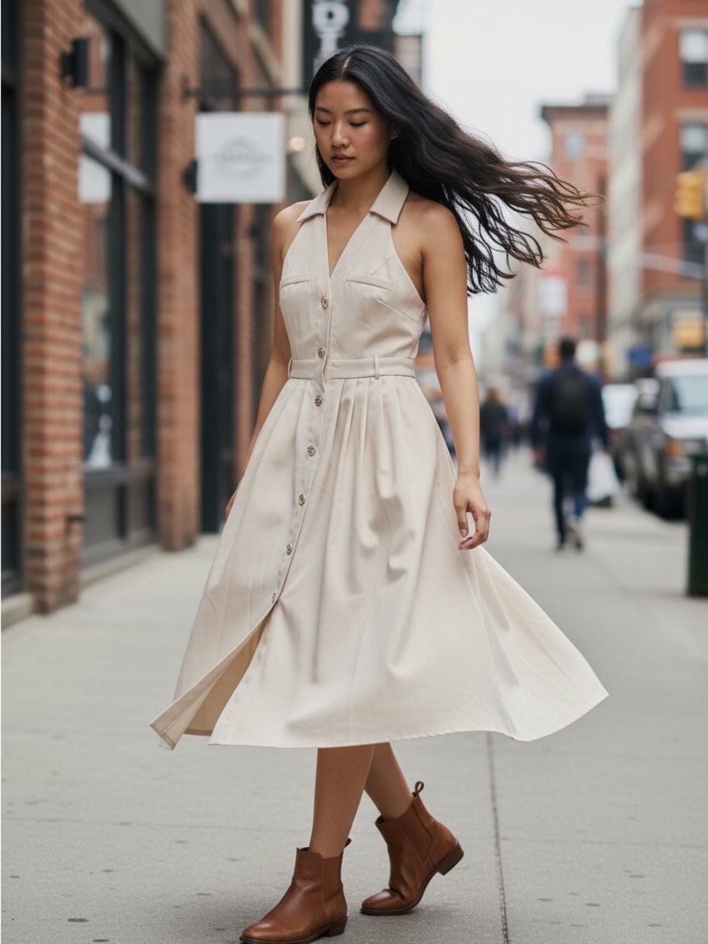 Collared Sleeveless Midi Dress in Cream